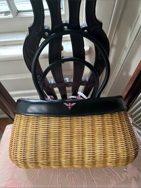 Jane Fox Woven Straw Tote with Black Trim and Pink Bee Accent